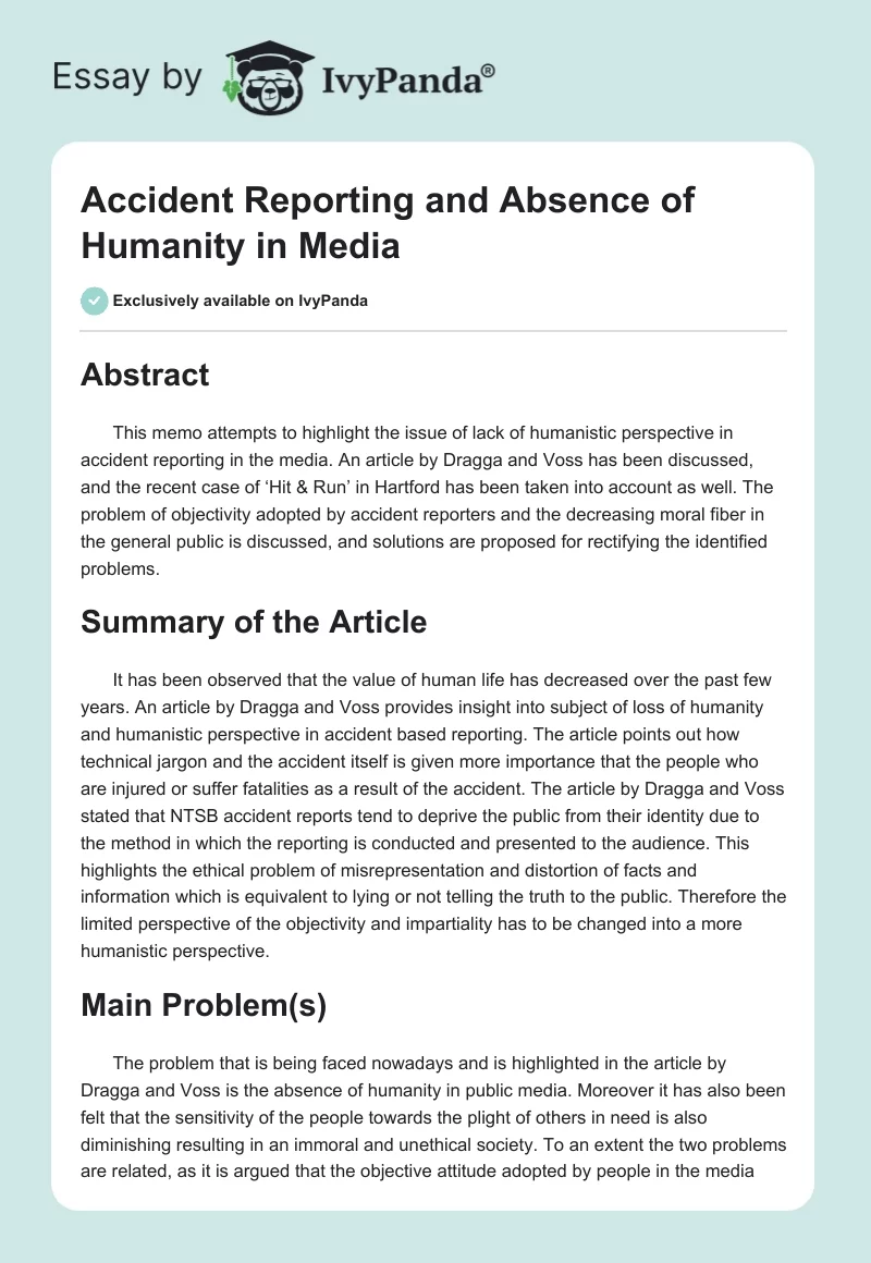 Accident Reporting and Absence of Humanity in Media. Page 1