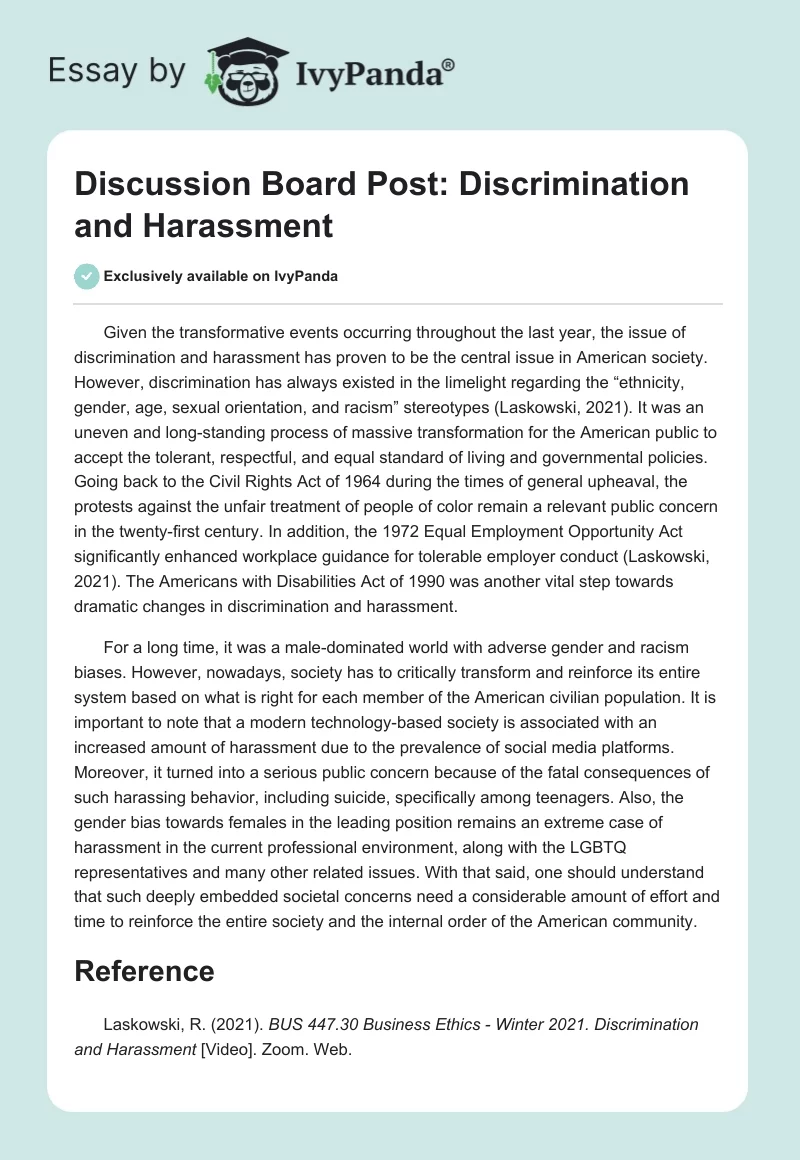 Discussion Board Post: Discrimination and Harassment. Page 1