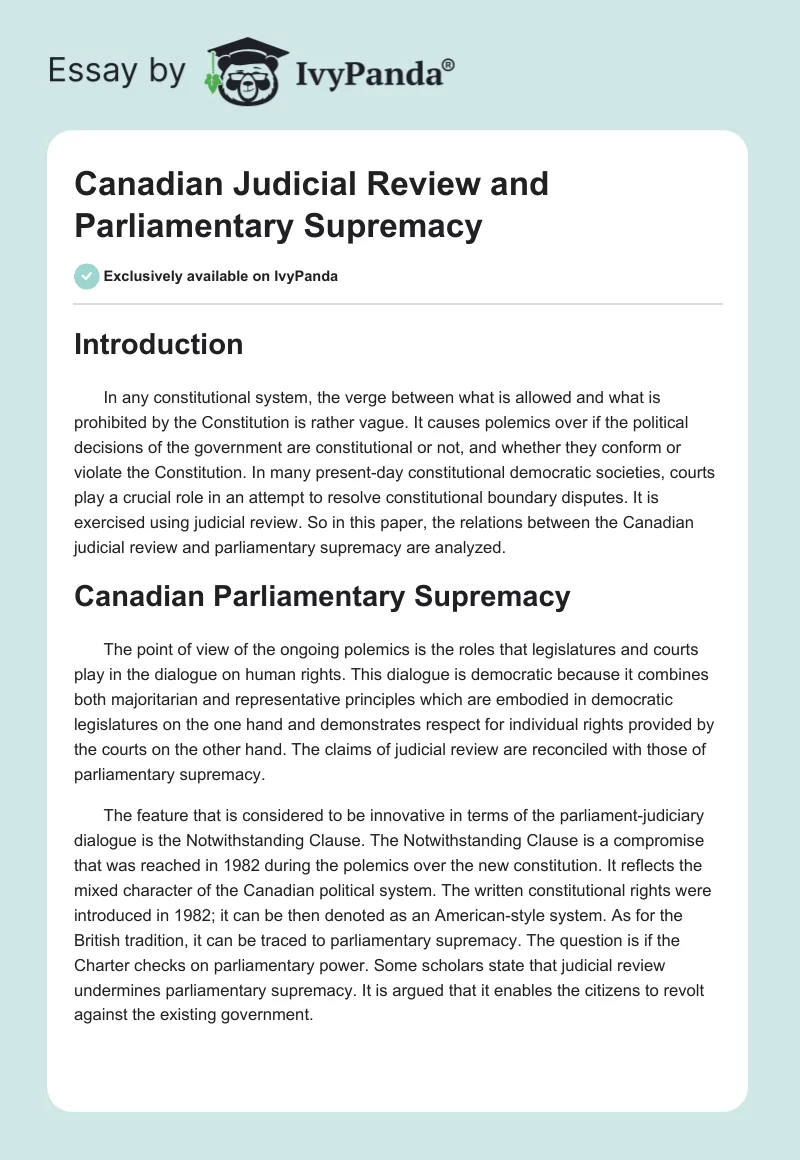 Canadian Judicial Review and Parliamentary Supremacy. Page 1