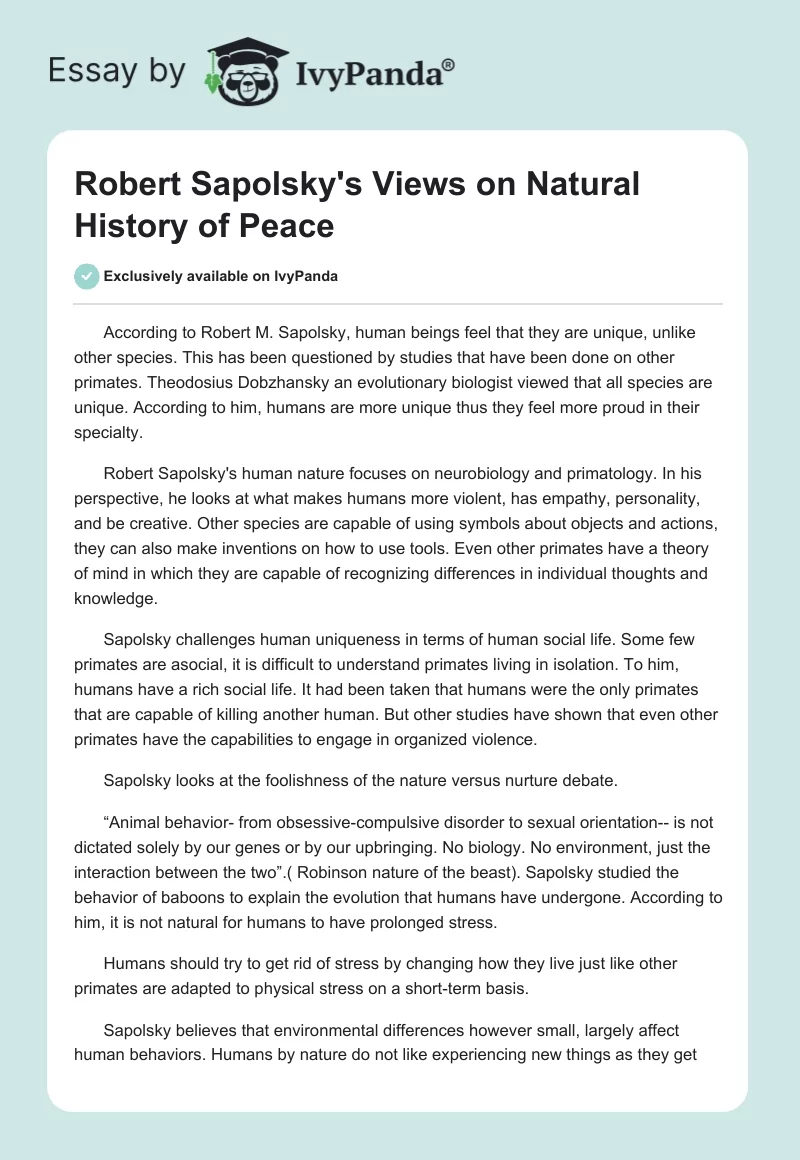 Robert Sapolsky's Views on Natural History of Peace. Page 1