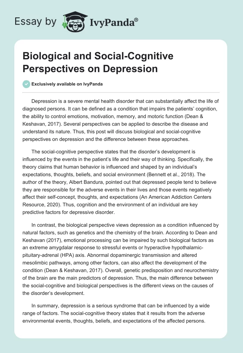 Biological and Social-Cognitive Perspectives on Depression. Page 1