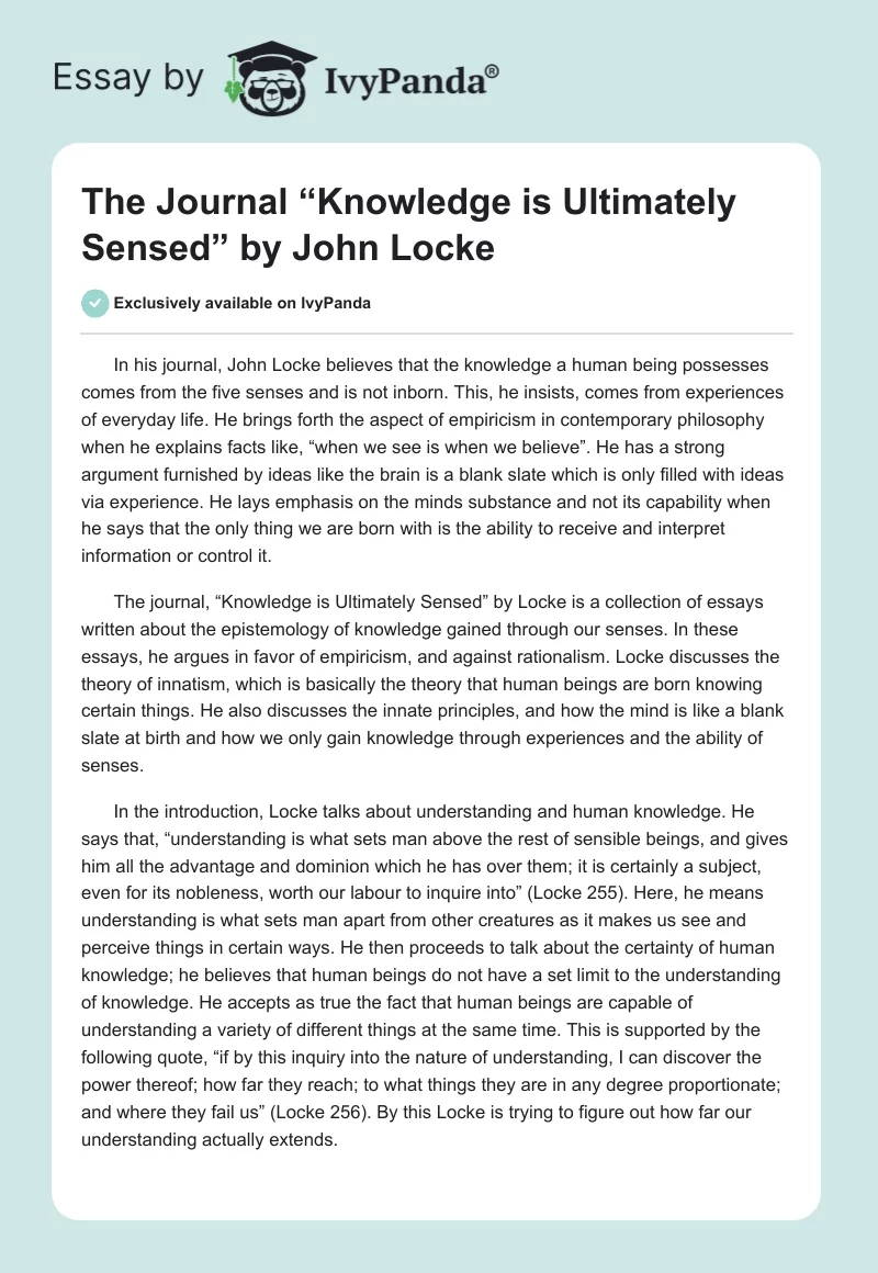 The Journal “Knowledge is Ultimately Sensed” by John Locke. Page 1