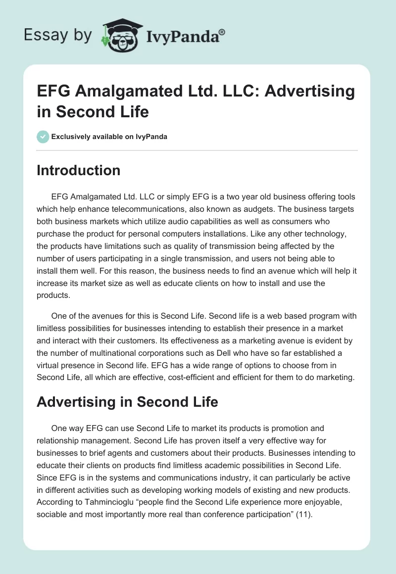 EFG Amalgamated Ltd. LLC: Advertising in Second Life. Page 1