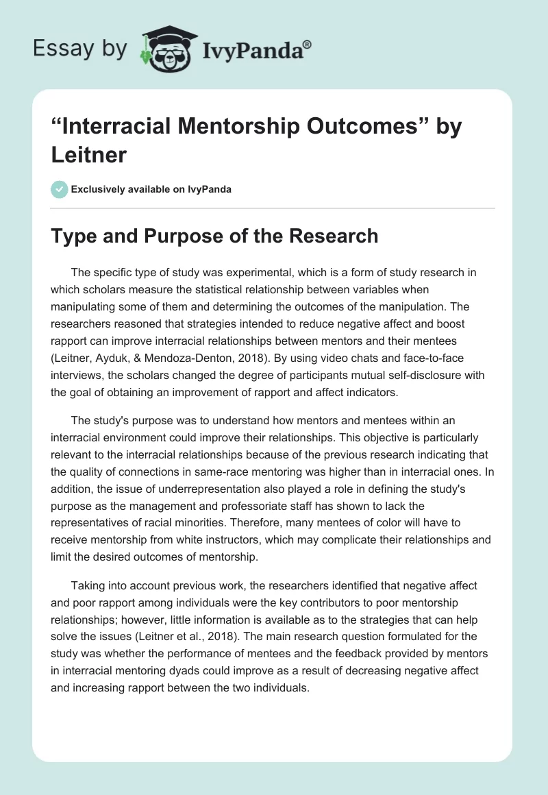 “Interracial Mentorship Outcomes” by Leitner. Page 1