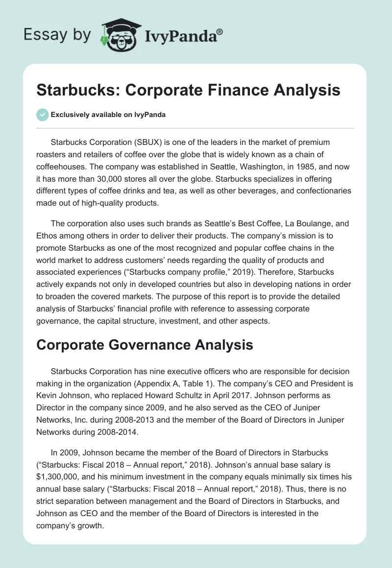 Starbucks: Corporate Finance Analysis. Page 1
