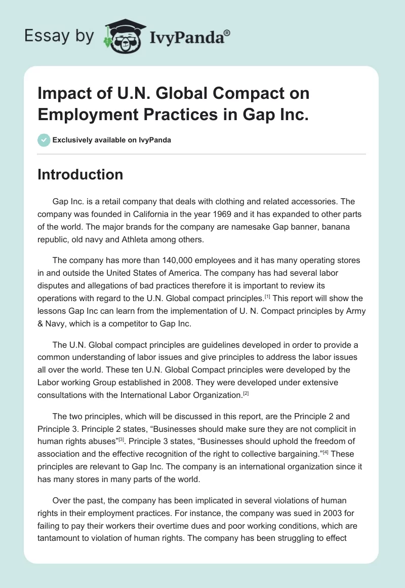 Impact of U.N. Global Compact on Employment Practices in Gap Inc.. Page 1