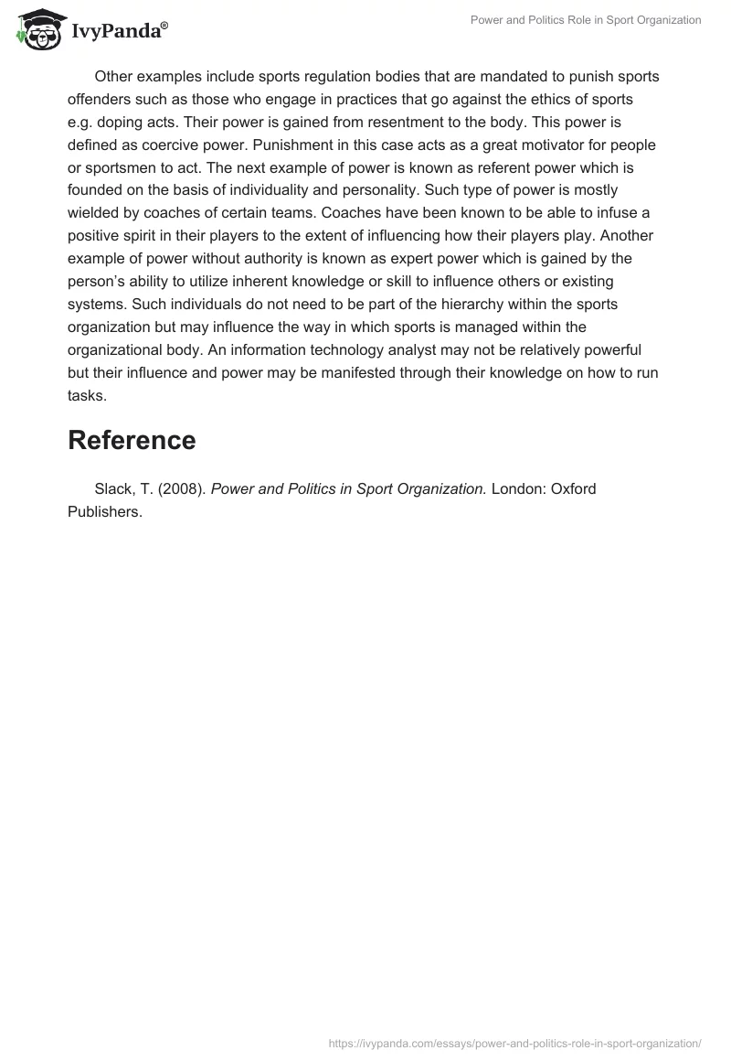 Power and Politics Role in Sport Organization. Page 2