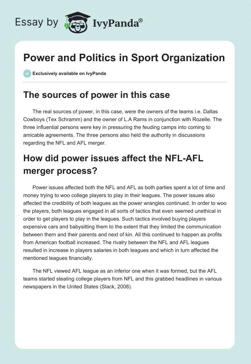 Power and Politics in Sport Organization. Page 1