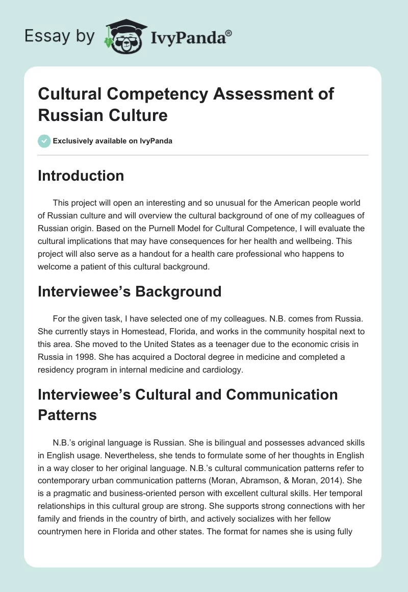 Cultural Competency Assessment of Russian Culture. Page 1