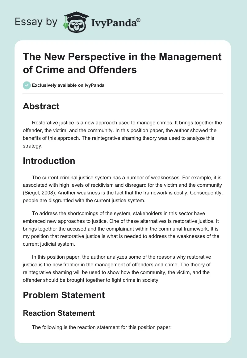 The New Perspective in the Management of Crime and Offenders. Page 1