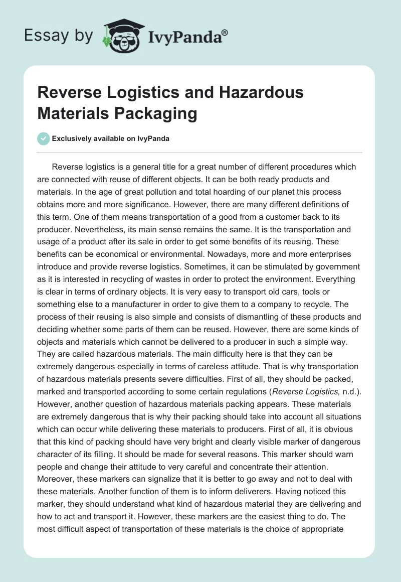 Reverse Logistics and Hazardous Materials Packaging. Page 1
