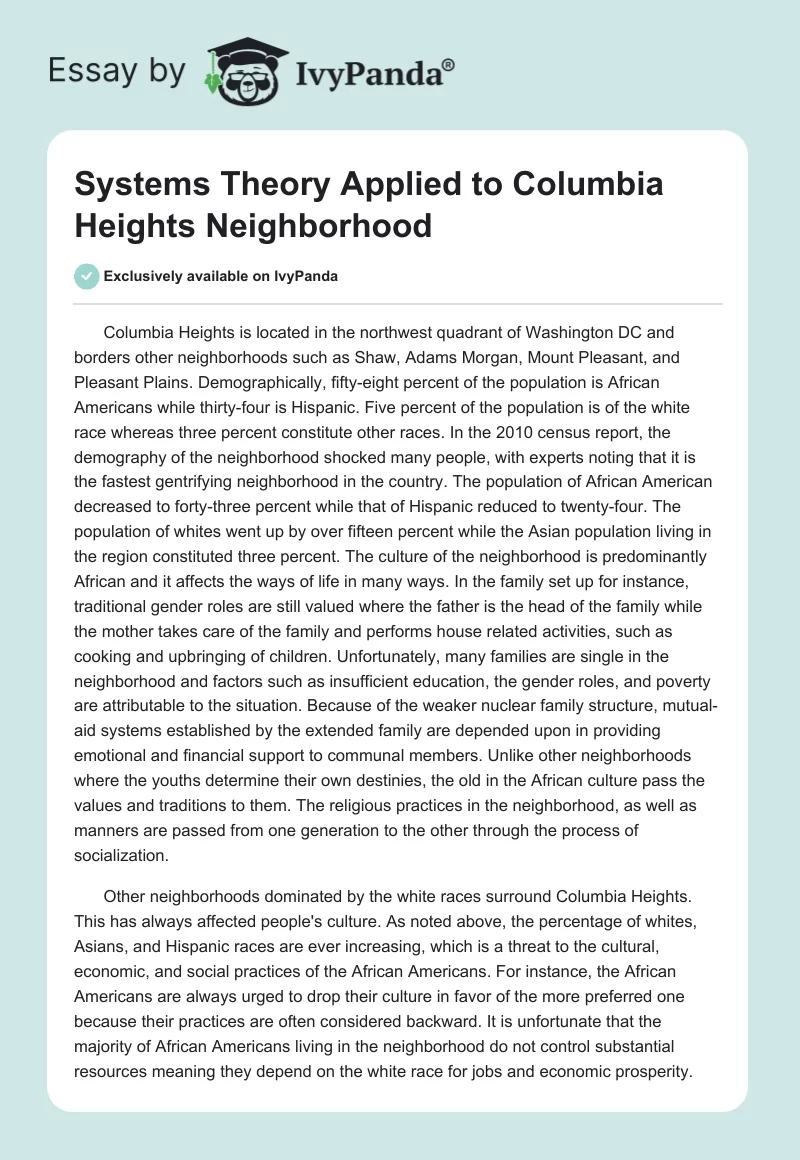 Systems Theory Applied to Columbia Heights Neighborhood. Page 1