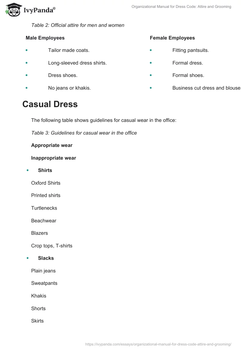 Organizational Manual for Dress Code: Attire and Grooming. Page 5