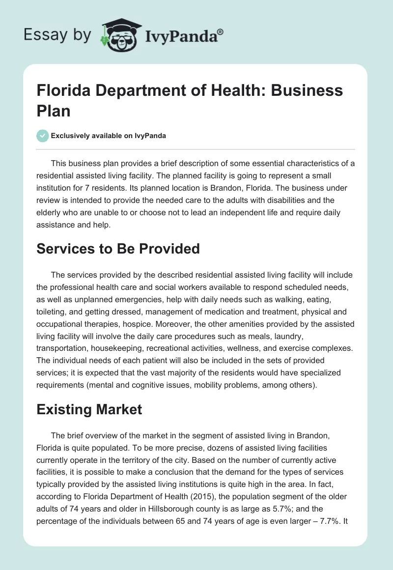 Florida Department of Health: Business Plan. Page 1