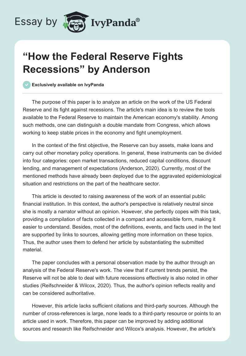 “How the Federal Reserve Fights Recessions” by Anderson. Page 1