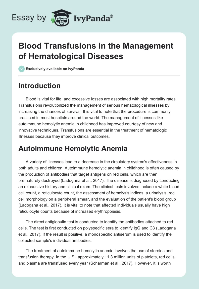 Blood Transfusions in the Management of Hematological Diseases. Page 1