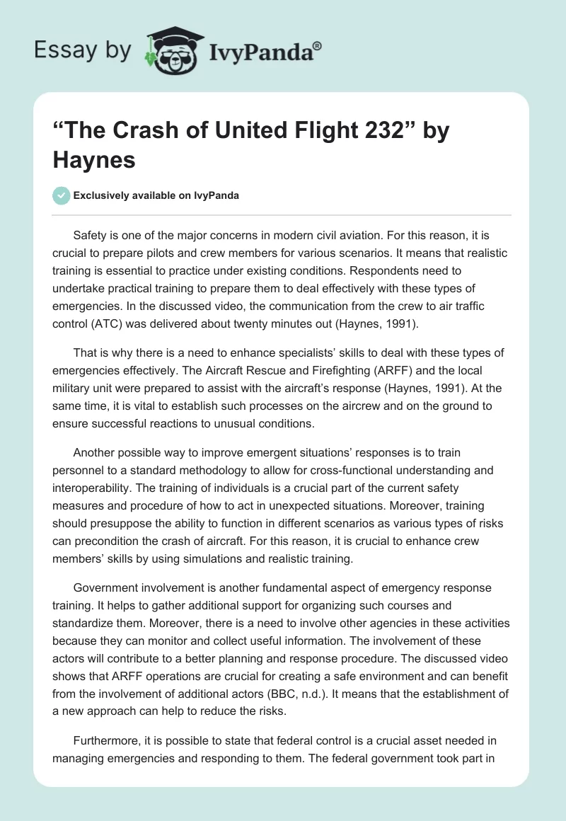 “The Crash of United Flight 232” by Haynes. Page 1