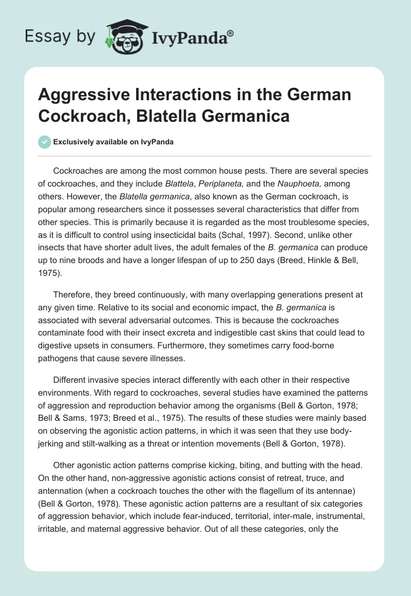 Aggressive Interactions in the German Cockroach, Blatella Germanica. Page 1
