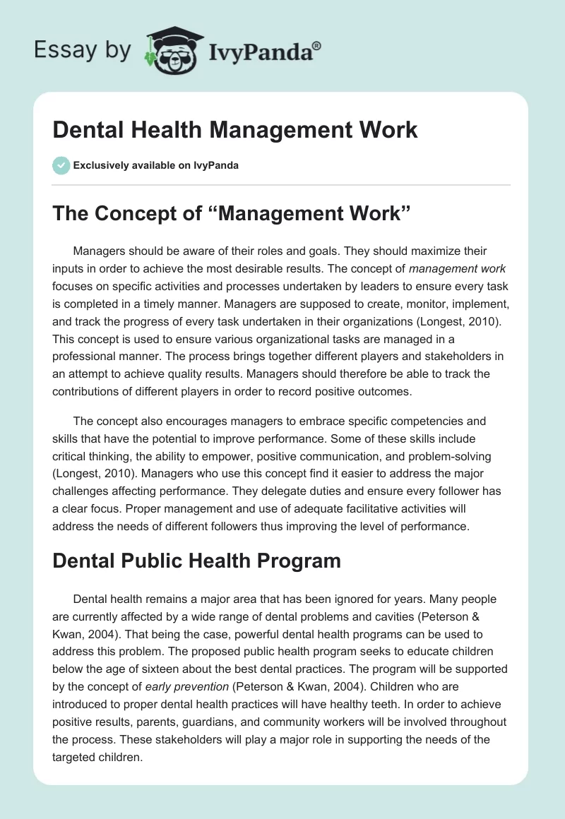 Dental Health Management Work. Page 1