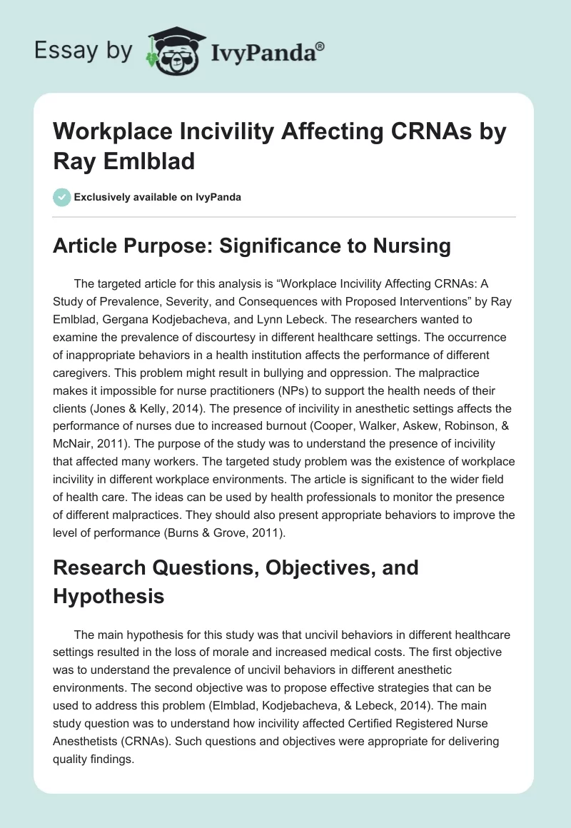"Workplace Incivility Affecting CRNAs" by Ray Emlblad. Page 1