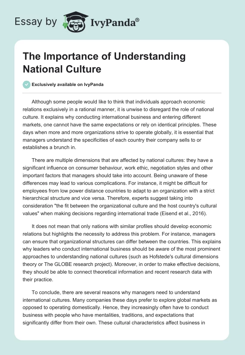 The Importance of Understanding National Culture. Page 1