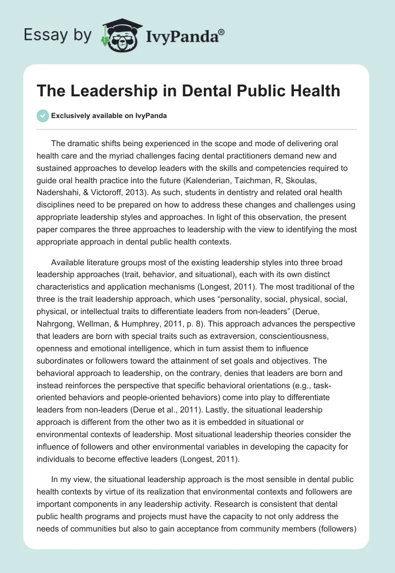 The Leadership in Dental Public Health. Page 1