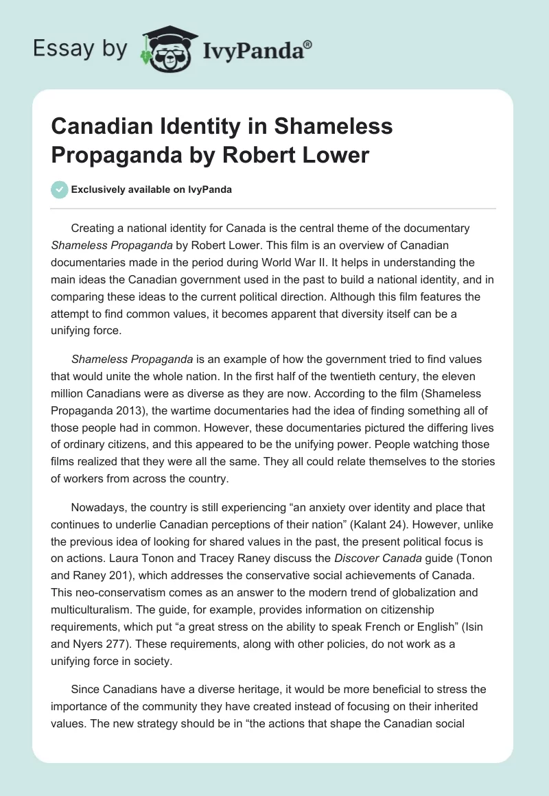 Canadian Identity in "Shameless Propaganda" by Robert Lower. Page 1