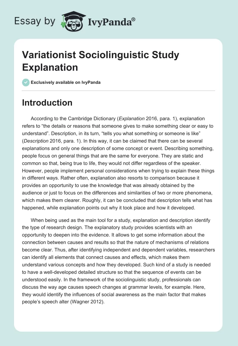 Variationist Sociolinguistic Study Explanation. Page 1