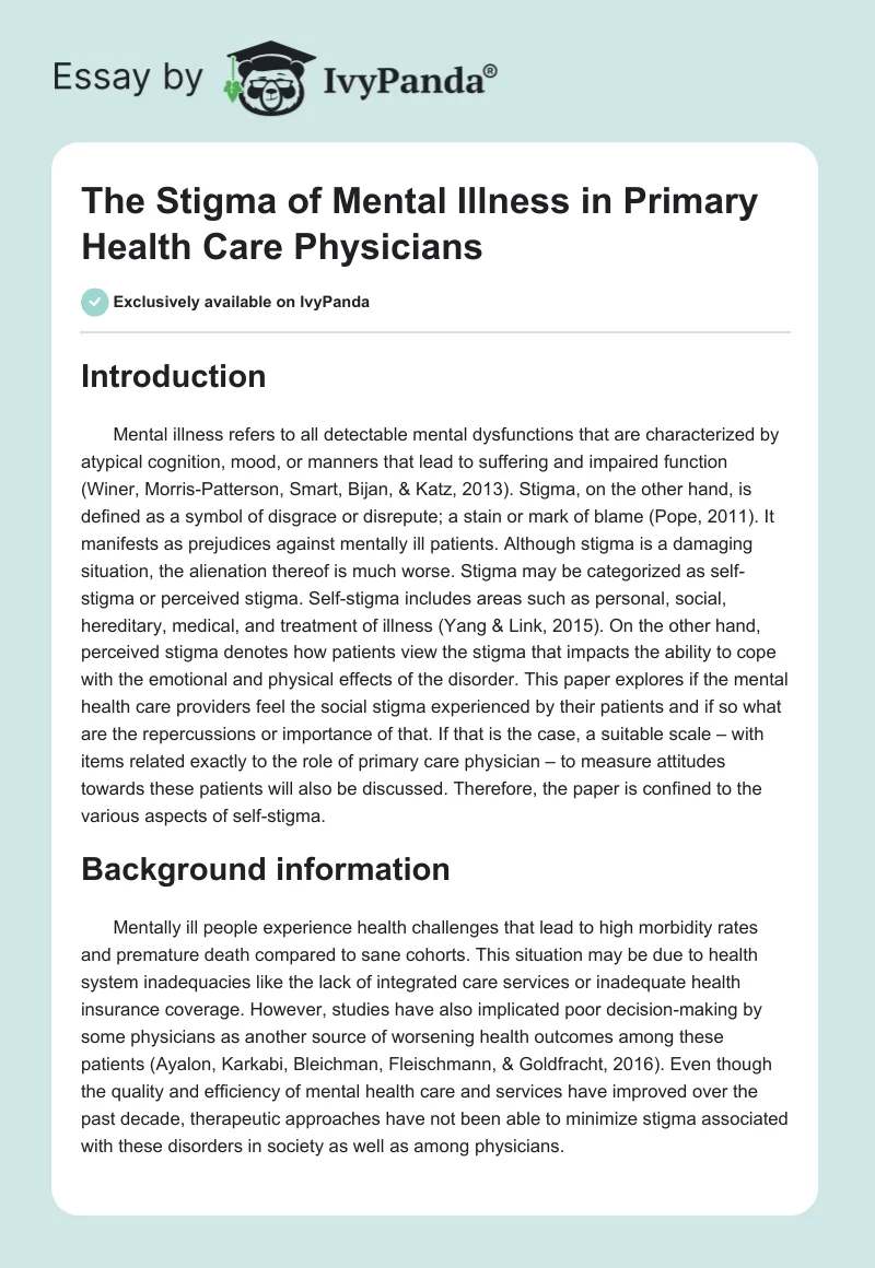 The Stigma of Mental Illness in Primary Health Care Physicians. Page 1
