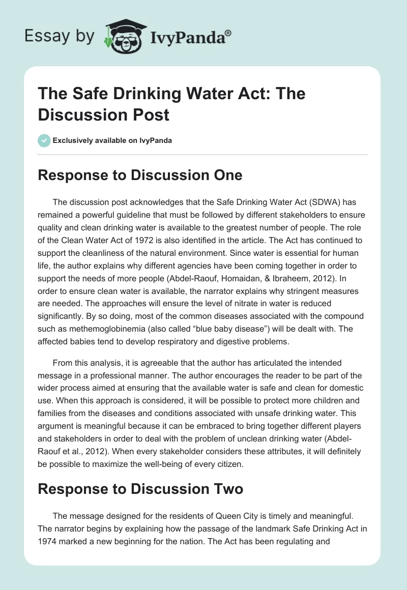 The Safe Drinking Water Act: The Discussion Post. Page 1