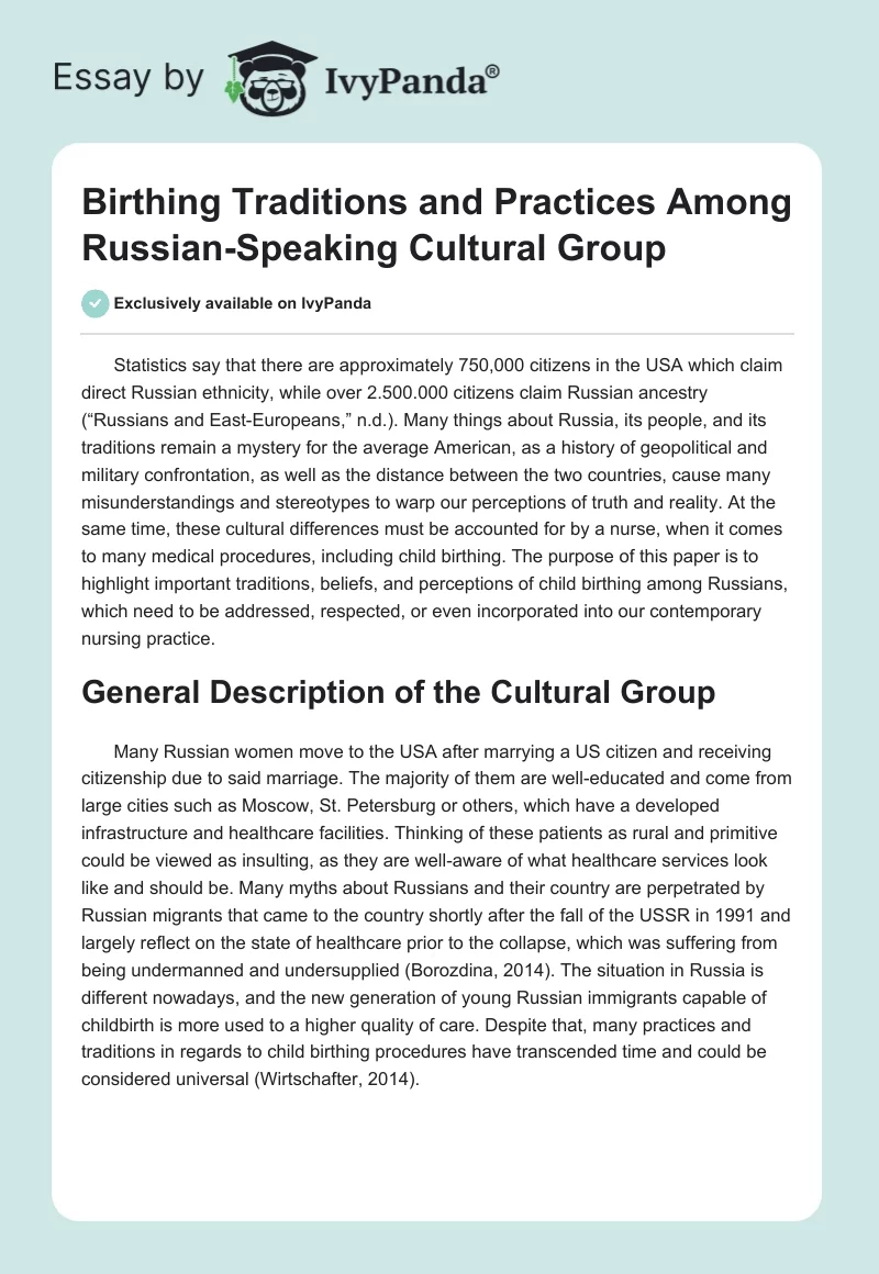 Birthing Traditions and Practices Among Russian-Speaking Cultural Group. Page 1