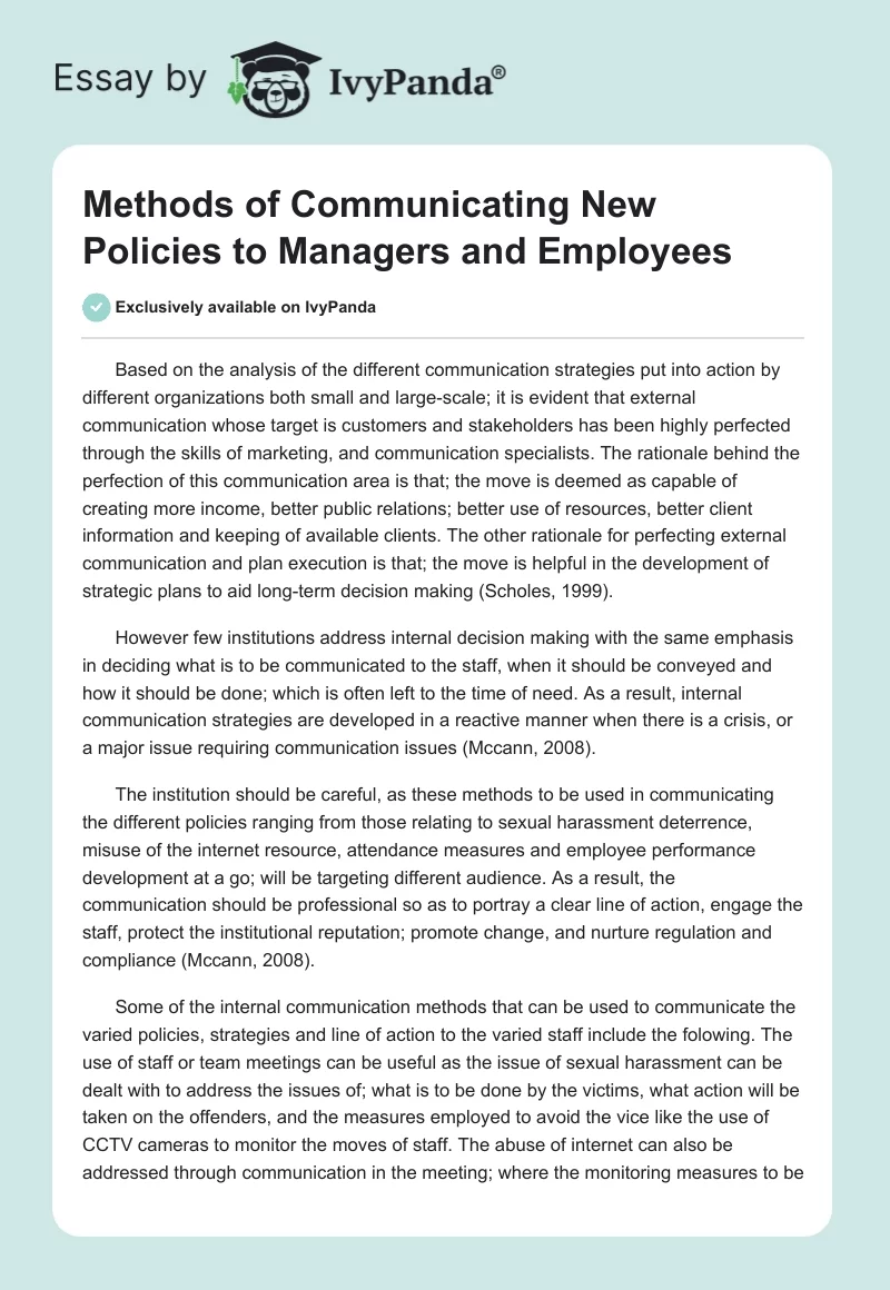 Methods of Communicating New Policies to Managers and Employees. Page 1