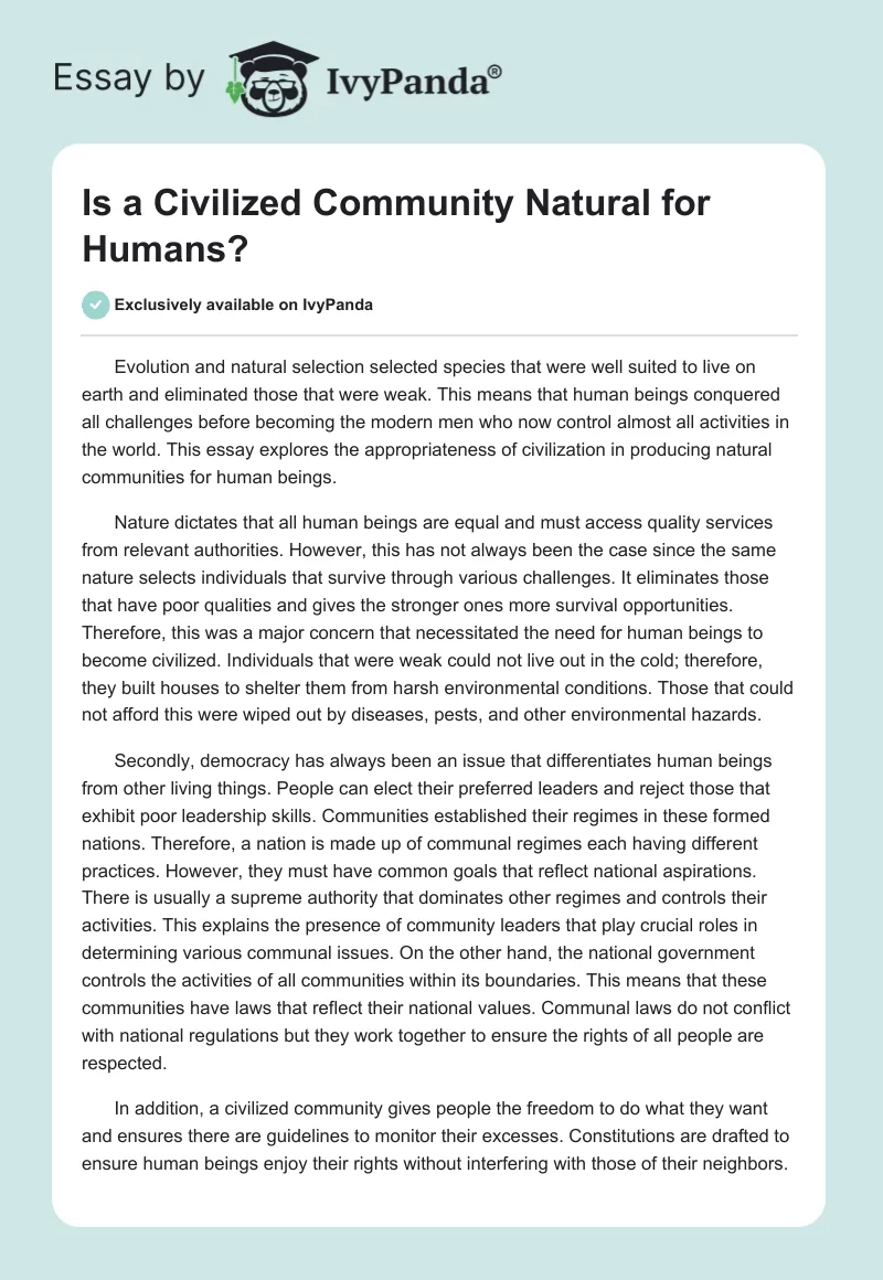 Is a Civilized Community Natural for Humans?. Page 1