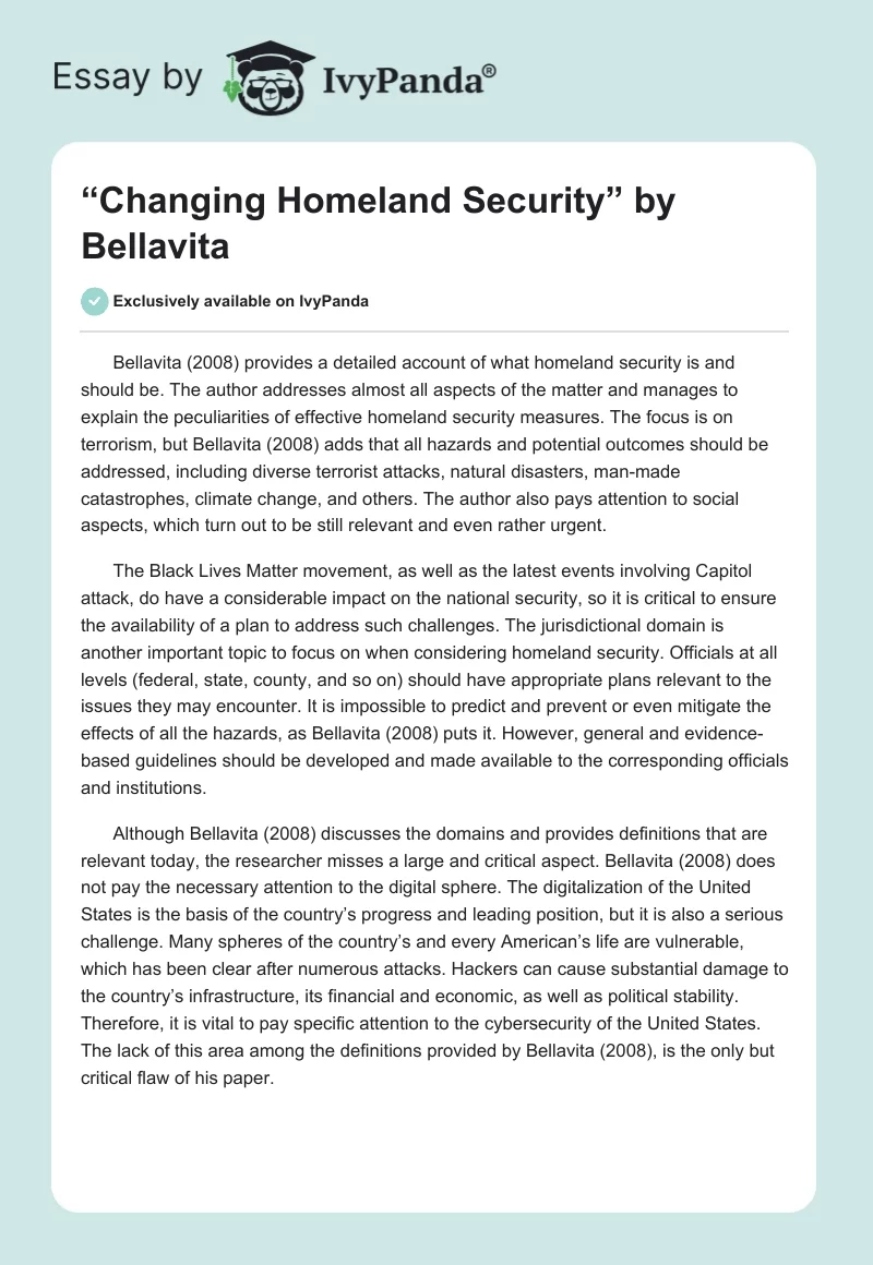 “Changing Homeland Security” by Bellavita. Page 1