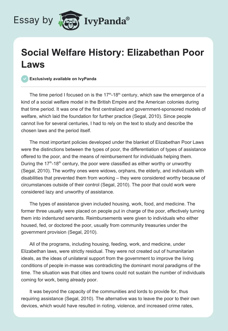 Social Welfare History: Elizabethan Poor Laws. Page 1