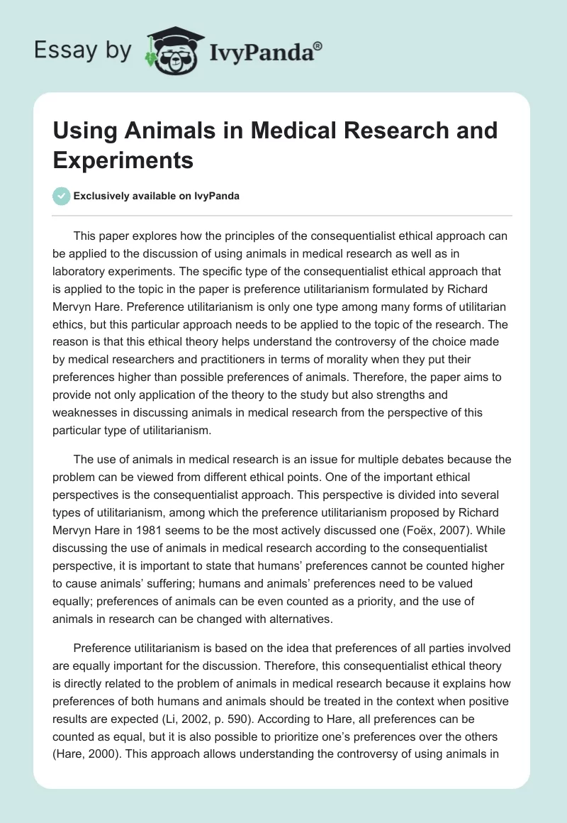 Using Animals in Medical Research and Experiments. Page 1