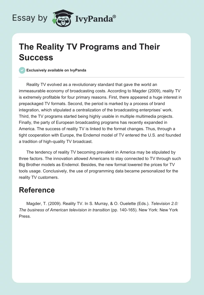 The Reality TV Programs and Their Success. Page 1