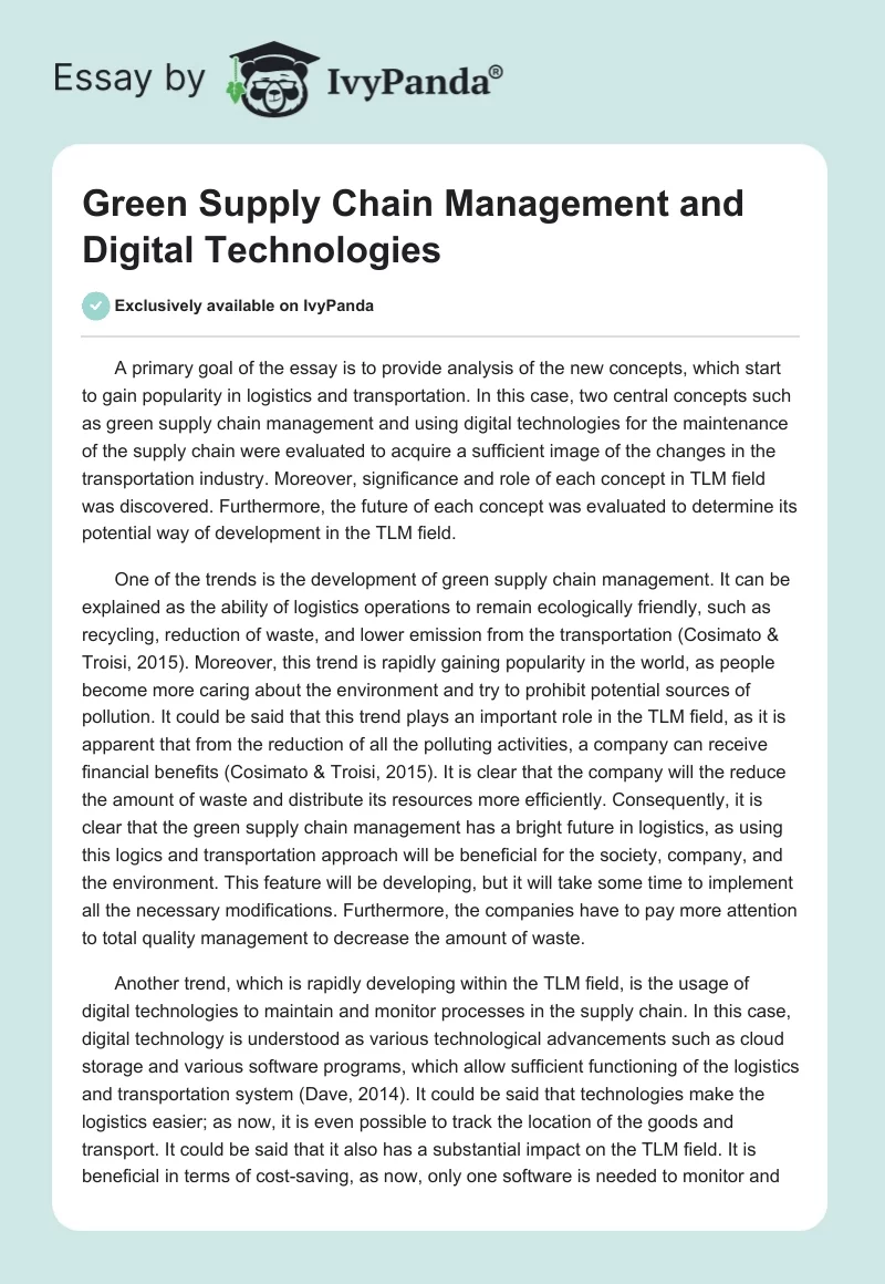 Green Supply Chain Management and Digital Technologies. Page 1