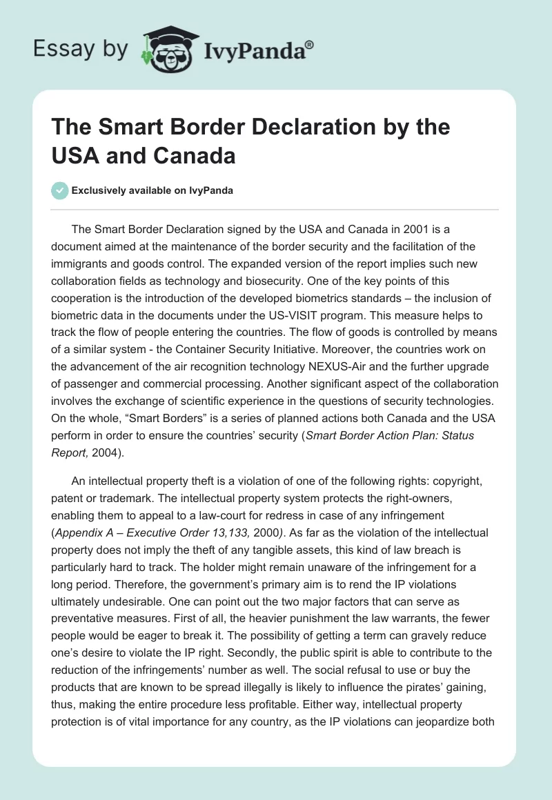 The Smart Border Declaration by the USA and Canada. Page 1