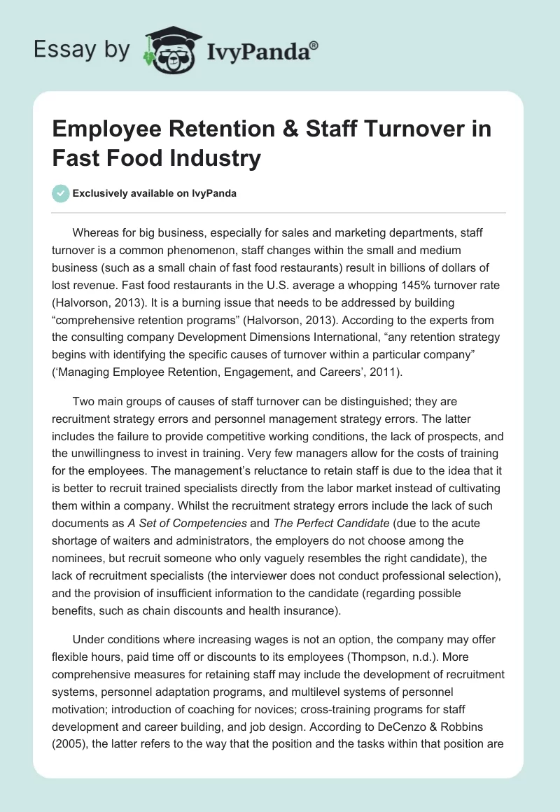 Employee Retention & Staff Turnover in Fast Food Industry. Page 1