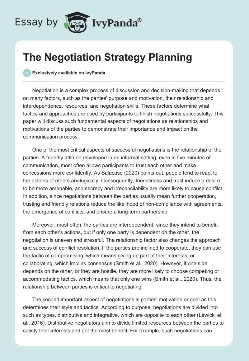 The Negotiation Strategy Planning. Page 1