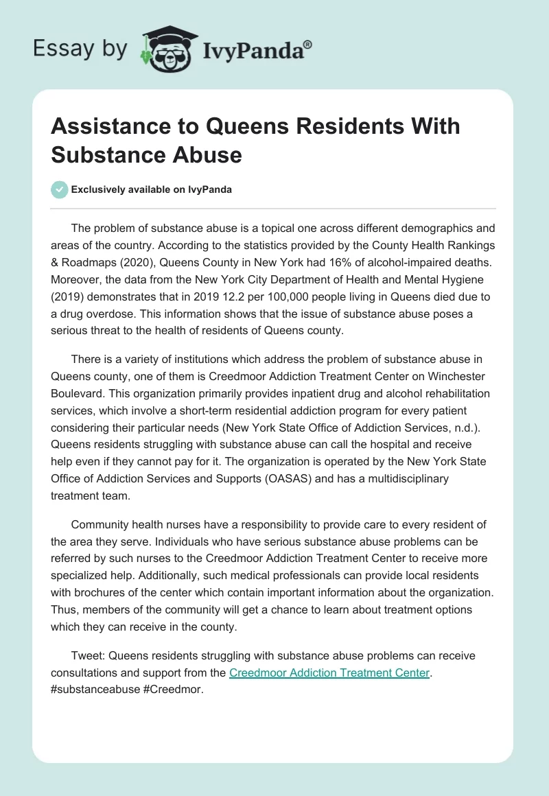Assistance to Queens Residents With Substance Abuse. Page 1