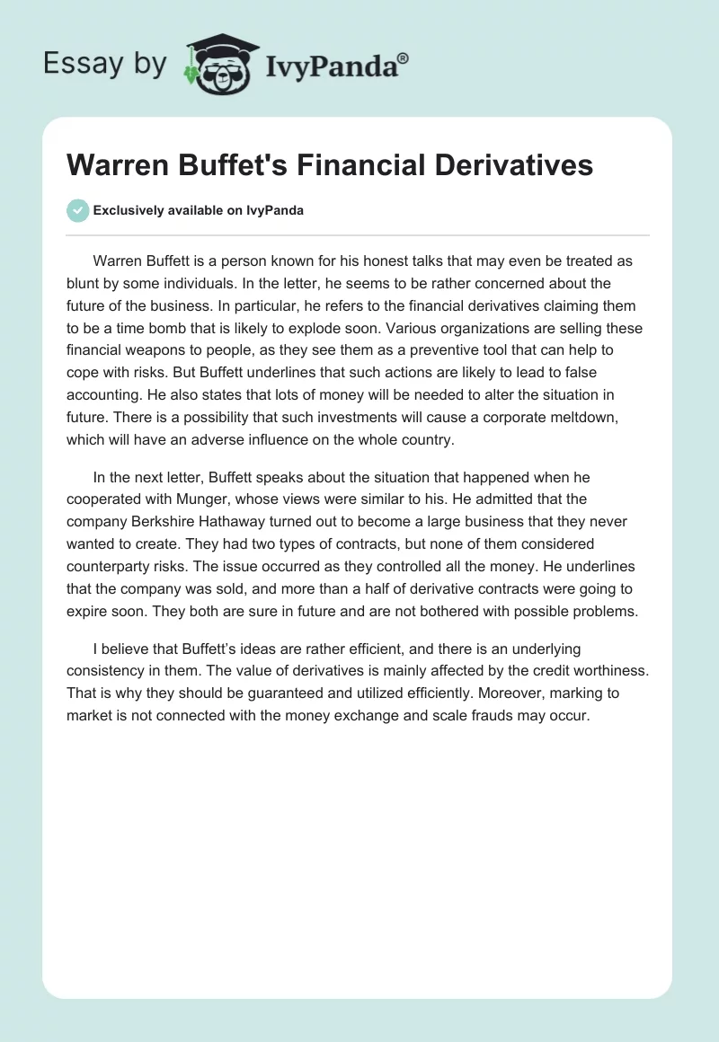 Warren Buffet's Financial Derivatives. Page 1
