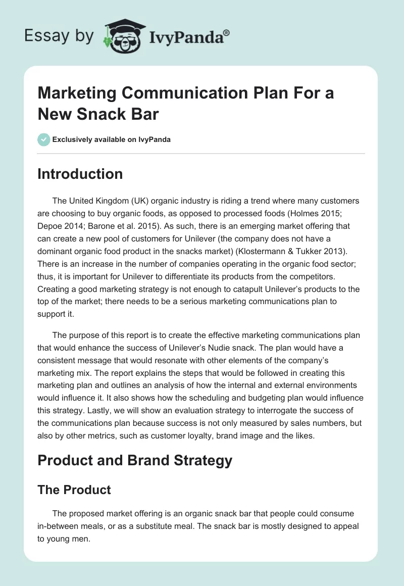 Marketing Communication Plan For a New Snack Bar. Page 1