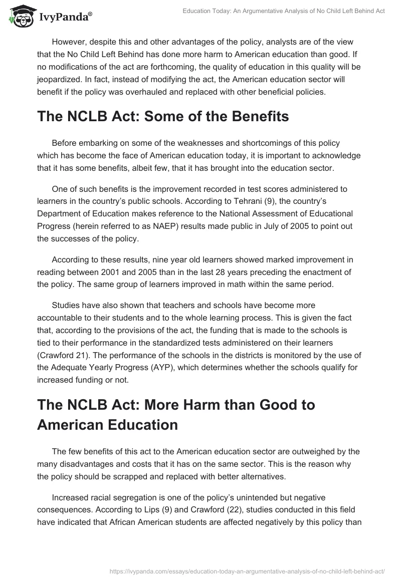 Education Today: An Argumentative Analysis of No Child Left Behind Act. Page 2