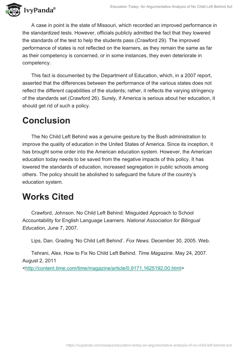 Education Today: An Argumentative Analysis of No Child Left Behind Act. Page 4