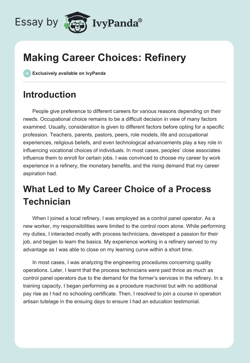 Making Career Choices: Refinery. Page 1