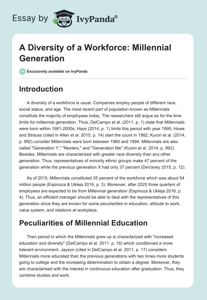 A Diversity of a Workforce: Millennial Generation. Page 1