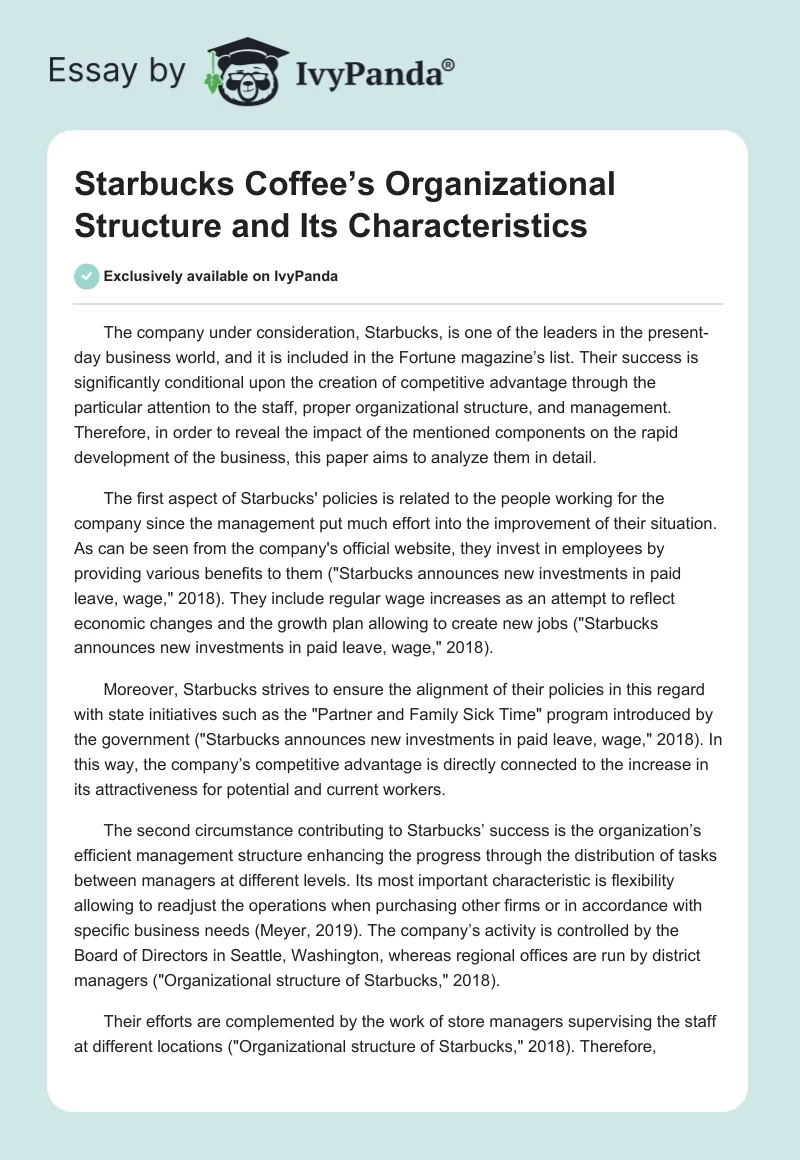 Starbucks Coffee’s Organizational Structure and Its Characteristics. Page 1