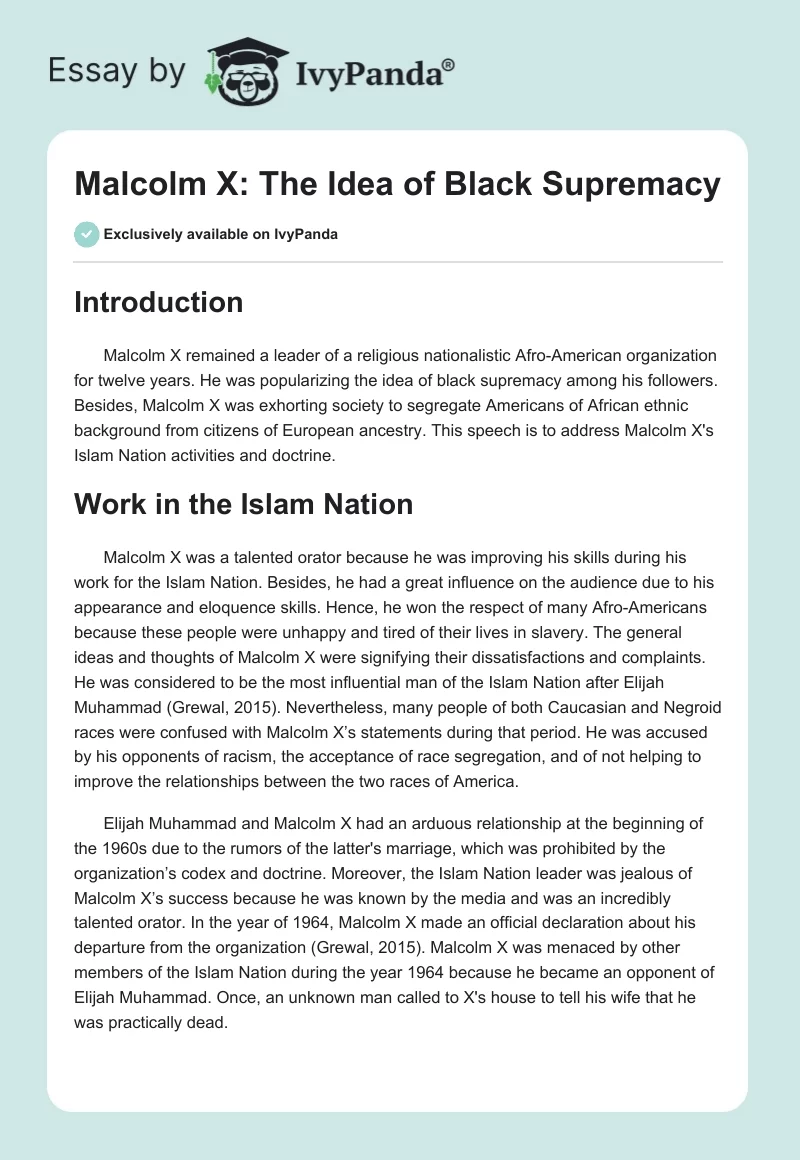 Malcolm X: The Idea of Black Supremacy. Page 1